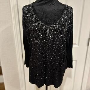Design History Black V-Neck Top with Sparkling Rhinestone Detail - Size XL